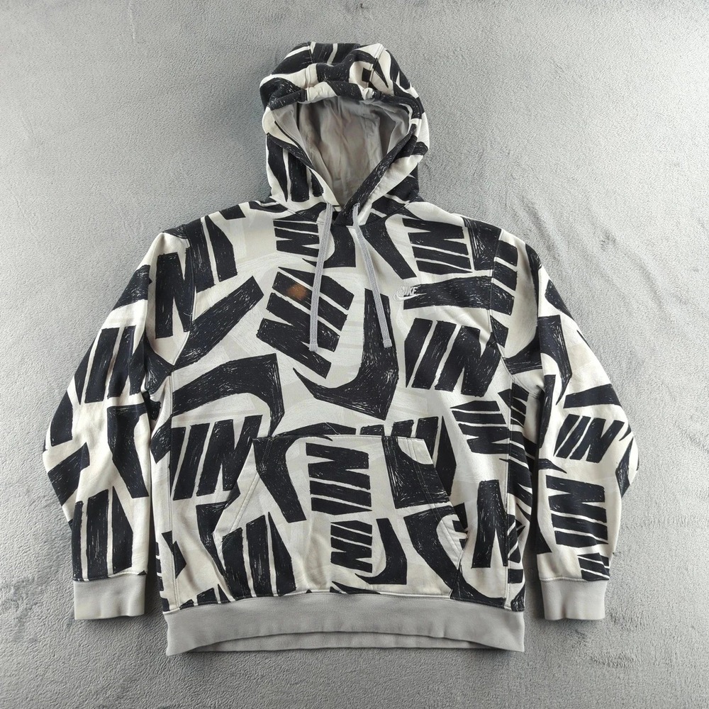 Nike Hoodie Mens Large White Black All Over Print Sweatshirt Pullover Cotton